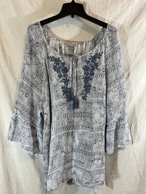 Catherines Women’s 4X Blue & White Print Embroidered Blouse